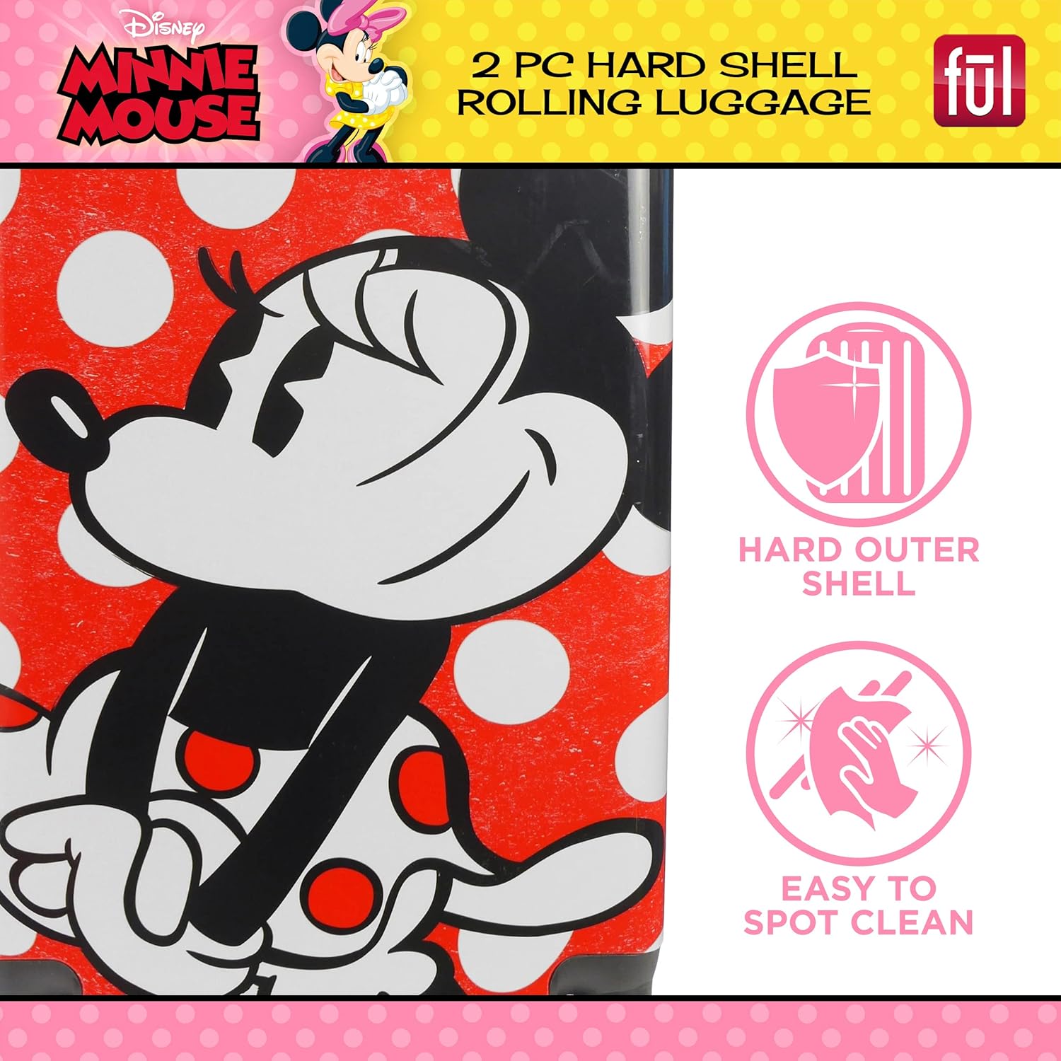 FUL Disney Minnie Mouse 2 Piece Rolling Luggage Set, Hardshell Suitcase with Wheels, Polka Dots, 20 Inch and 27 Inch, Red (FCFL0119SAMEC-600)