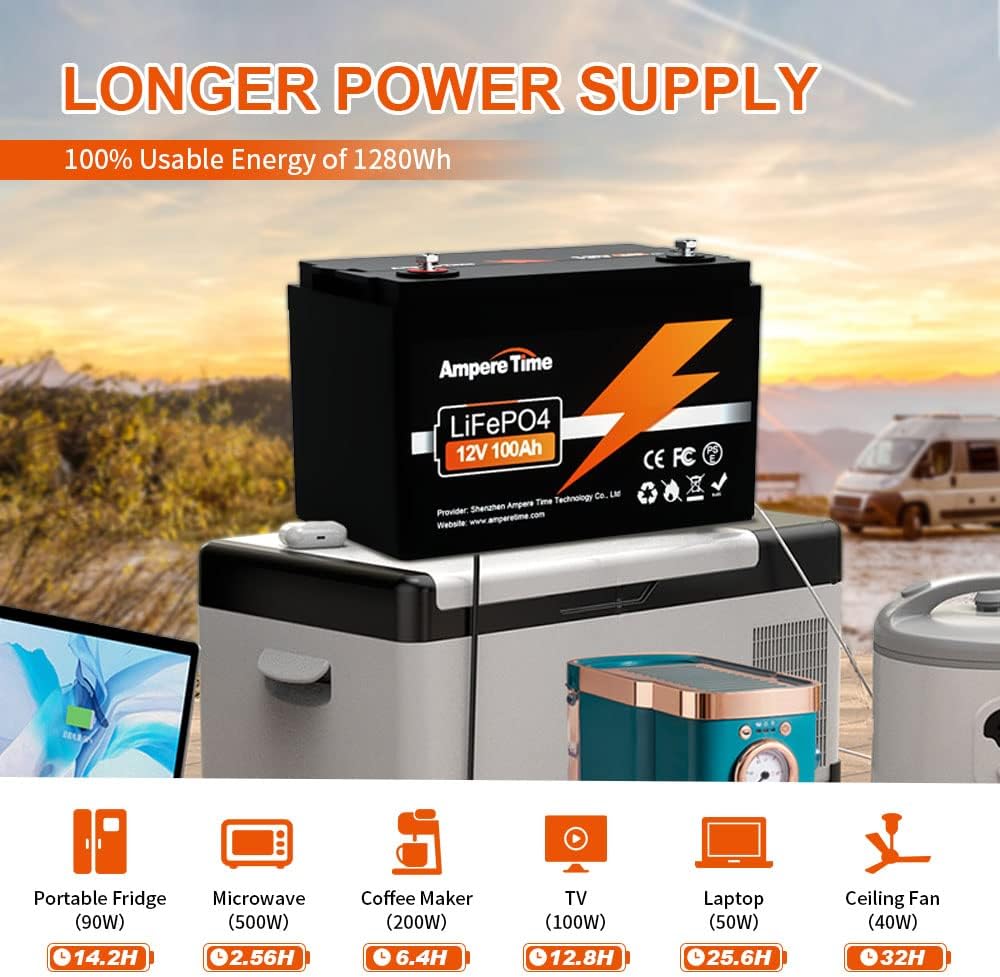 Ampere Time 12V 100Ah LiFePO4 Battery with 14.6V 10A Dedicated Lithium Battery Charger; Built-in 100A BMS, 4000+ Cycles, for RV, Solar, Marine, Overland, Off-Grid Application…