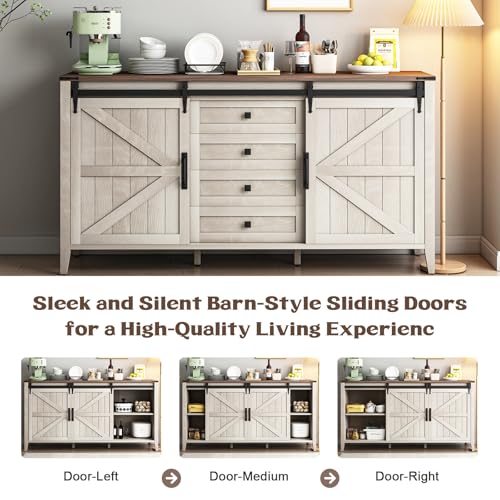 Farmhouse Dresser for Bedroom, 60" Long Dresser with 4 Drawers & Sliding Barn Door, Wide Wood Dresser, Tall TV Stand for Living Room, Buffet Cabinet with Storage Chest, White