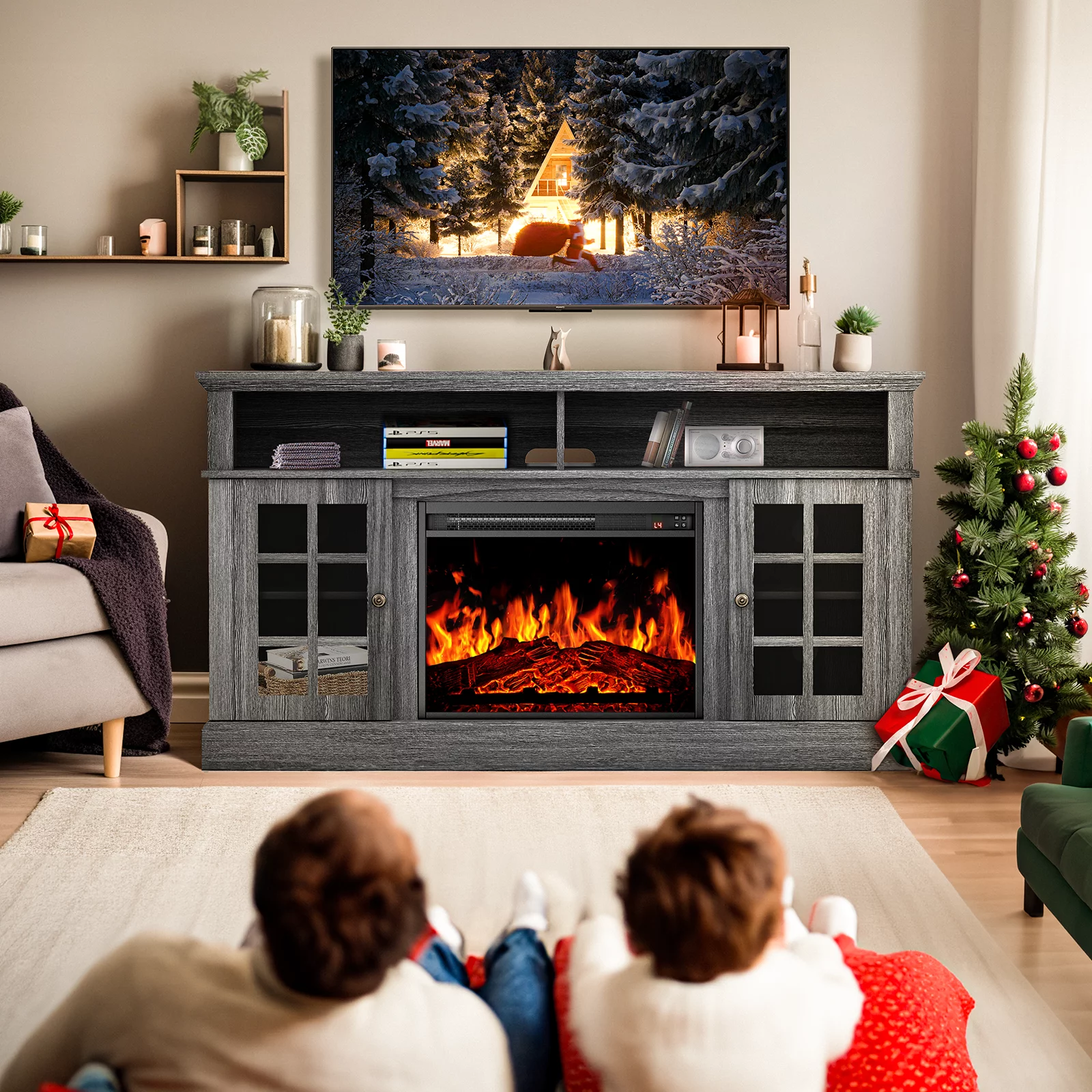 Electric Fireplace TV Stand with 23″ Fireplace for up to 65 Inch TVs, Fireplace TV Console Entertainment Center with Adjustable Shelves, Holds up to 200 lbs