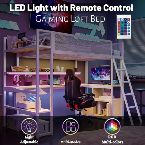 Full Size Loft Bed with Desk and Stairs,Metal Gaming Loft Bed Full with Wardrobe and Shelf, High Loft Bed with LED & USB Charging Station for Teens, Adults, Space Saving Design,Black