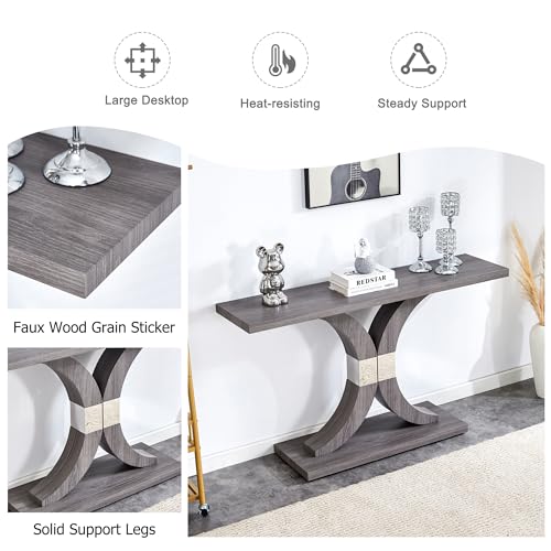 Modern Gray Console Table, 55 inch Narrow Entryway Foyer Table with Geometric Base, Vintage Sofa Table, Rustic Hallway Accent Table for Living Room, Entrance, White and Gold