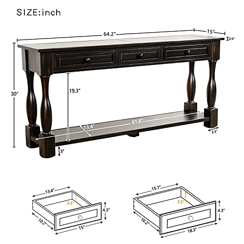 Solid Wood 64" Long Console Table with 3 Drawers and Bottom Shelf, Sofa Couch Table Entryway Table Side Table for Entryway, Hallway, Living Room, Bedroom