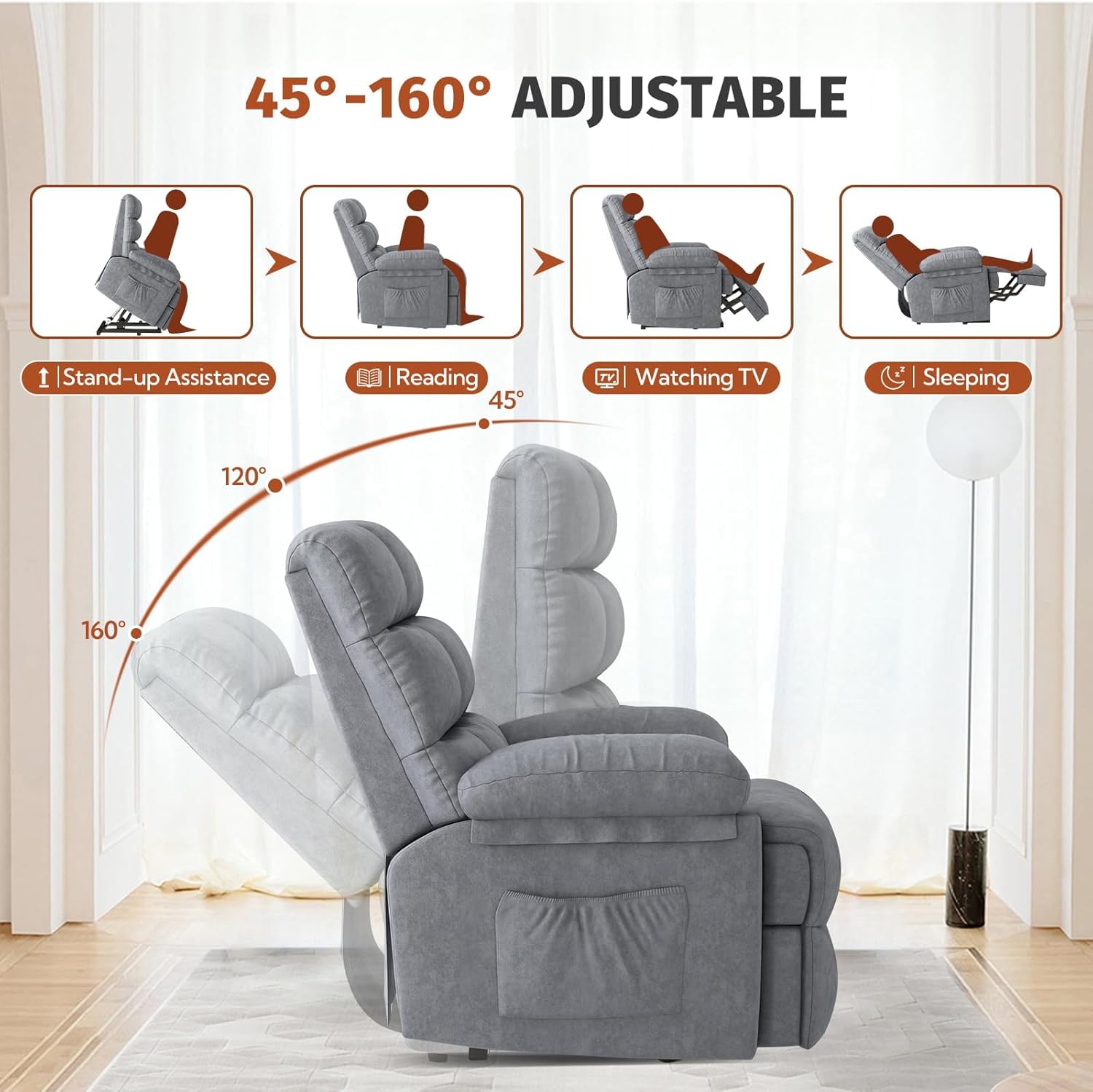 Phoenix Home Power Elderly, Modern Electric Lift Recliner Chairs for Adults, Gray