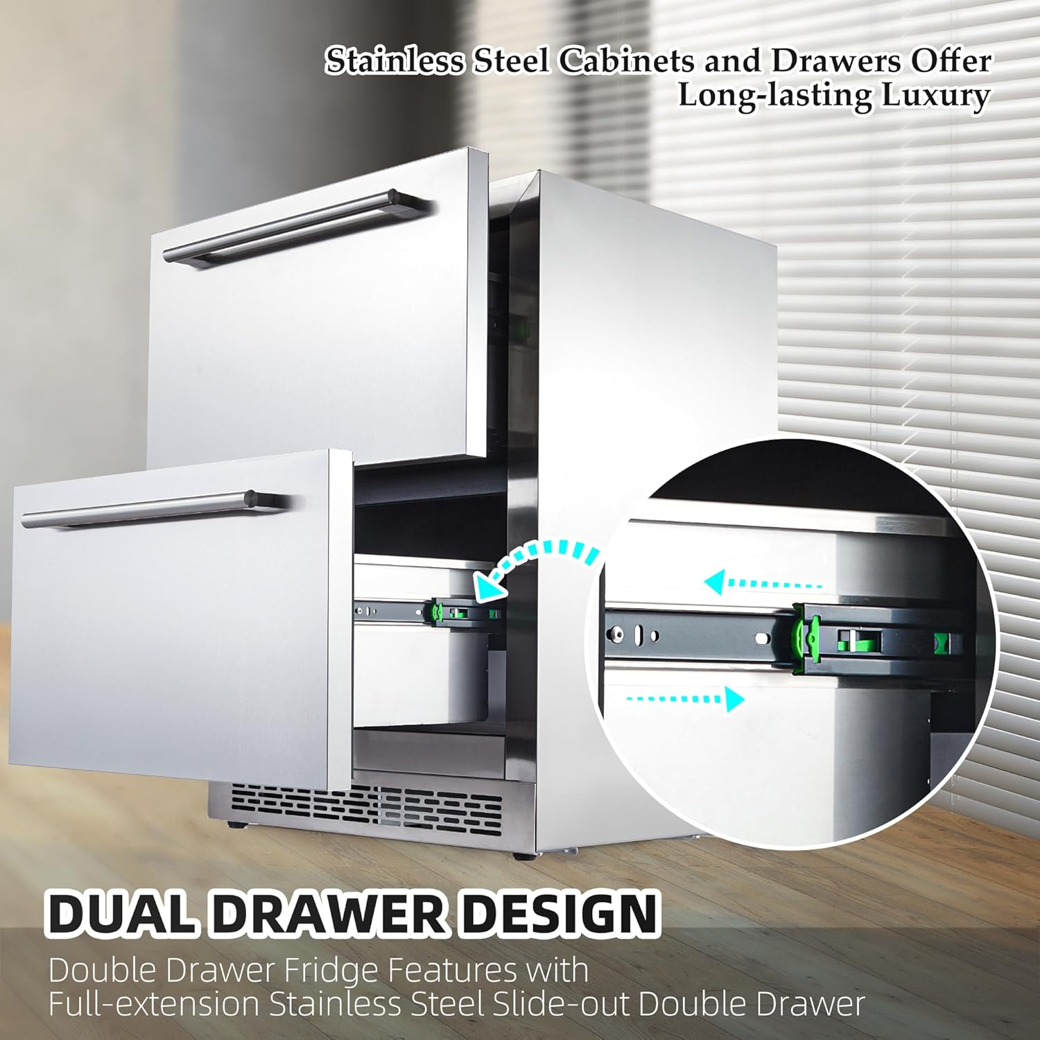24 Inch Under Counter Drawer Fridge, Outdoor Undercounter Refrigerators for Patio with Weatherproof Full Stainless Steel Body, Built in Wine & Beverage Refrigerator for Home and Commercial
