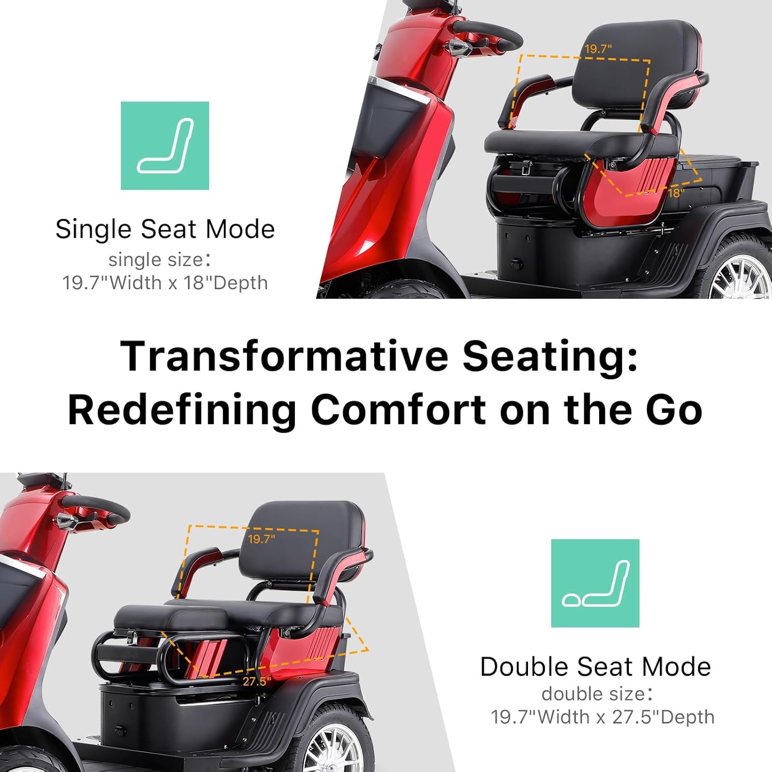 Two Seater Mobility Scooters for Seniors & Adults 500lbs Capacity - Heavy Duty Electric Powered Mobility Device - Double Seat Mobility Scooter for Travel, Elderly w/Remote Key- Red