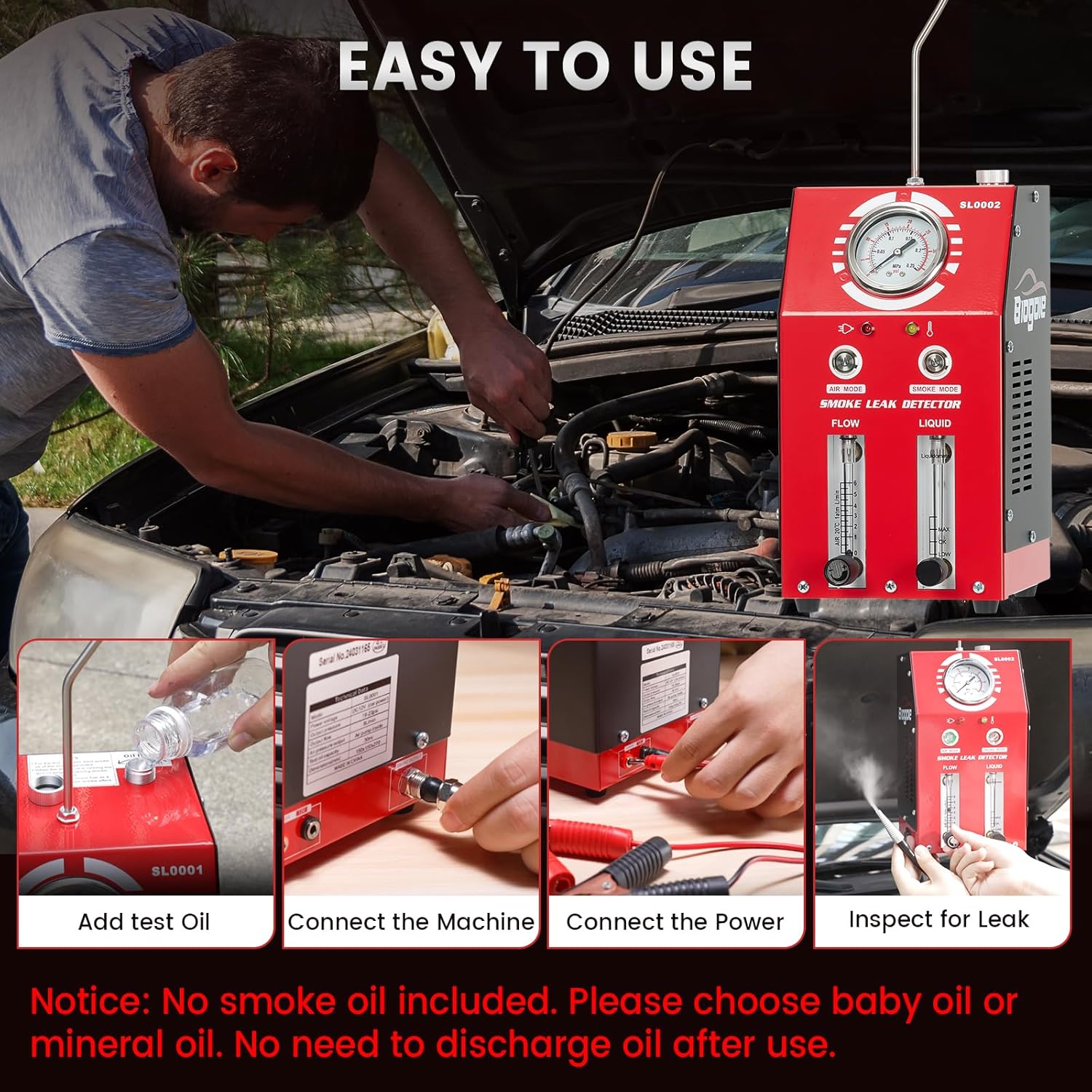 Automotive EVAP Smoke Machine - Dual Mode 12V Car Fuel Pipe System Leak Detector Tester with Oil Level & Adjustable Flowmeter for All Vehicles