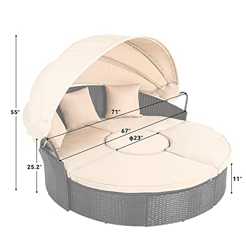 YITAHOME Outdoor Patio Wicker Daybed Furniture Set with Retractable Canopy, Storable Side Table, and Soft Cushions for Relaxing in your Backyard or Porch, Light Brown and Beige