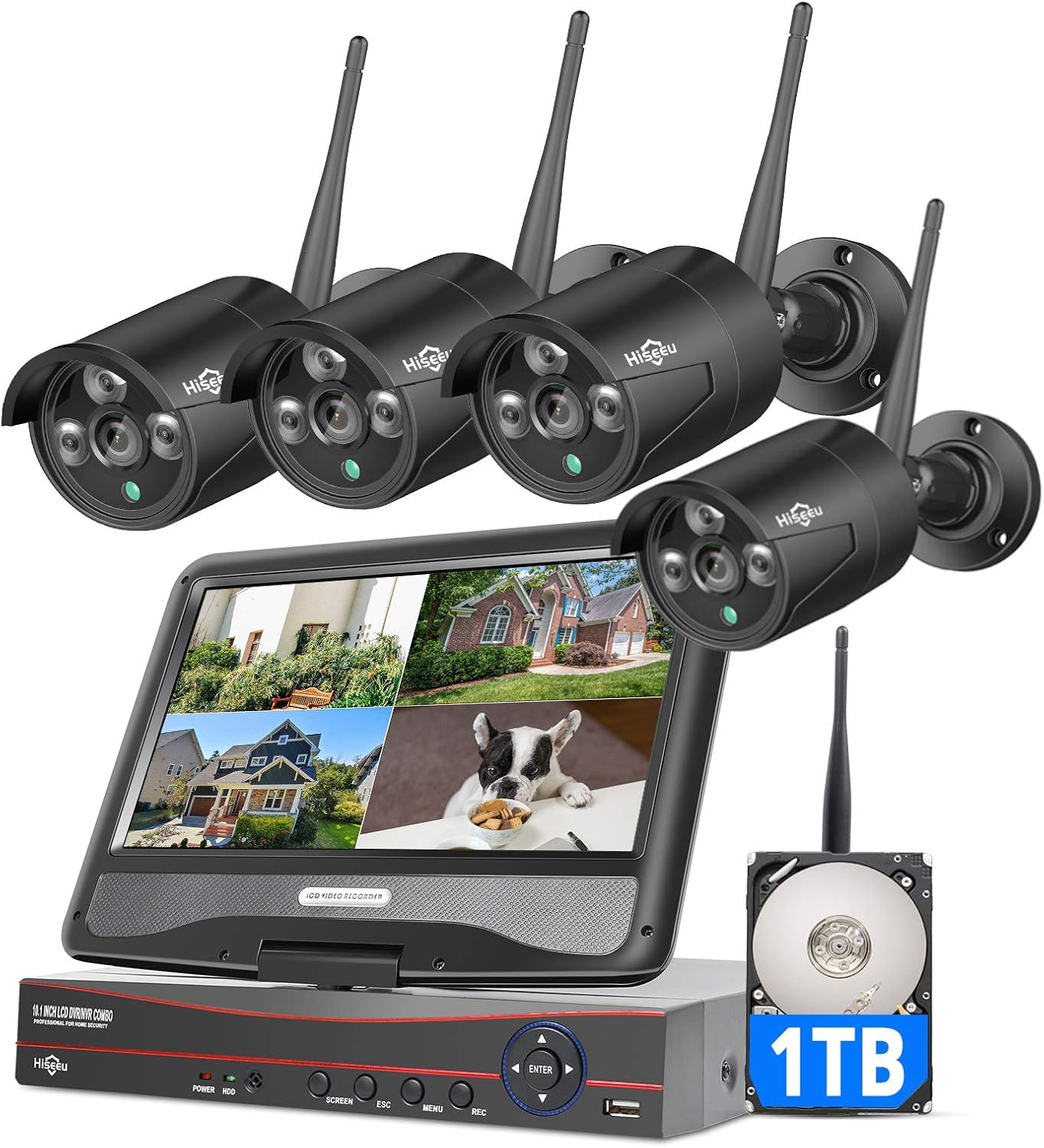 [8CH Expandable, 2K] Hiseeu All-in-one with 8CH 10.1 1296P Monitor Wireless Security Camera System, 4pcs 3MP Indoor/Outdoor Wireless Home Security Camera System, Remote Access, One-way Audio, 1TB HDD