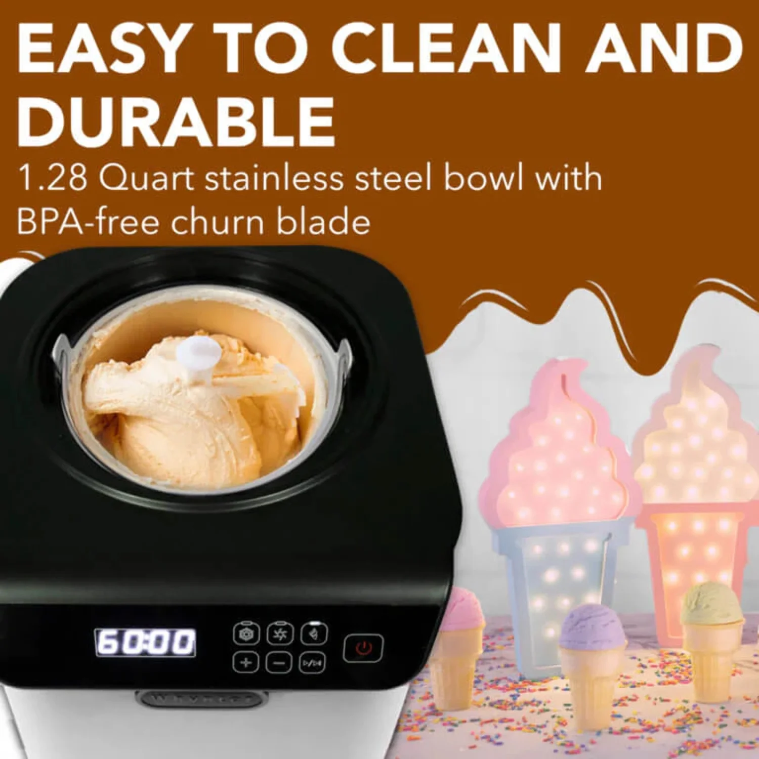 Whynter 1.28 Quart Compact Upright Automatic Ice Cream Maker with Stainless Steel Bowl White