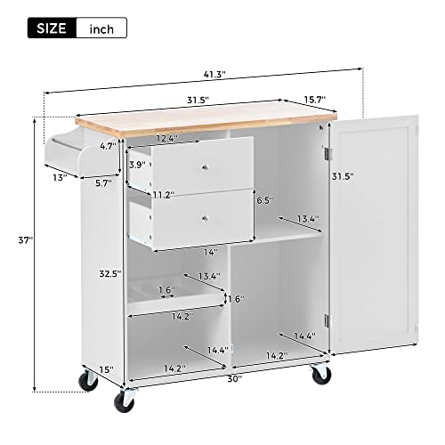 Kitchen Island Cart on Wheels with Storage, Rolling Cart Cabinet with 2 Drawers 2 Open Shelves 1 Adjustable Tray, Rubberwood Top Small Microwave Removable Trolley with Spice Rack and Towel Rack