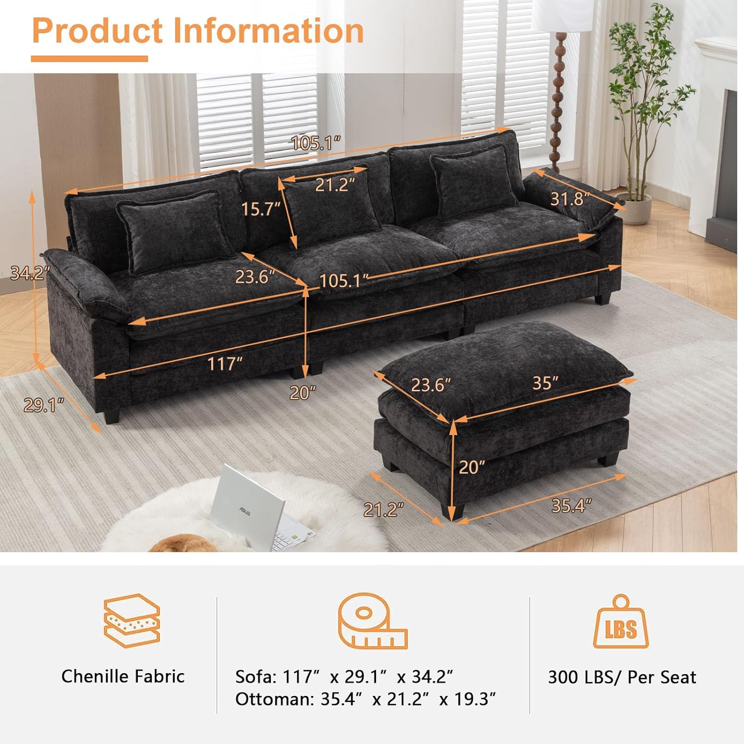 IPKIG 117" Sectional Sofa, Chenille L-Shaped Couch Comfy Upholstered 3-Seat Sofa with Ottoman, 3 Lumbar Pillow, Deep Seat Modular Oversized Couch for Living Room, Apartment, Studio (Black, 4-Seat)