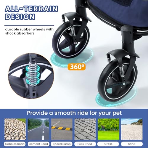 Dog Stroller for Large Dogs Up to 80 lbs One-Click Foldable Medium Dogs Pet Stroller with Access Ramp, Storage, Breathable Mesh Window and Safety Brake, Navy Blue