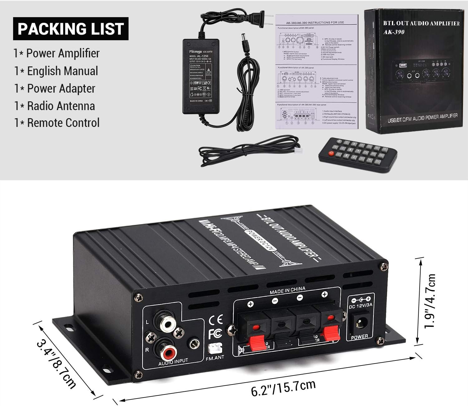 Facmogu AK380 400W+400W Mini Audio Power Amplifier, 2.0 CH Bluetooth 5.0 Receiver Speaker Amp with 12V 5A Power Supply, Bass & Treble Control Music Player Sound Amplifier for Car Home Garage Pack of 2