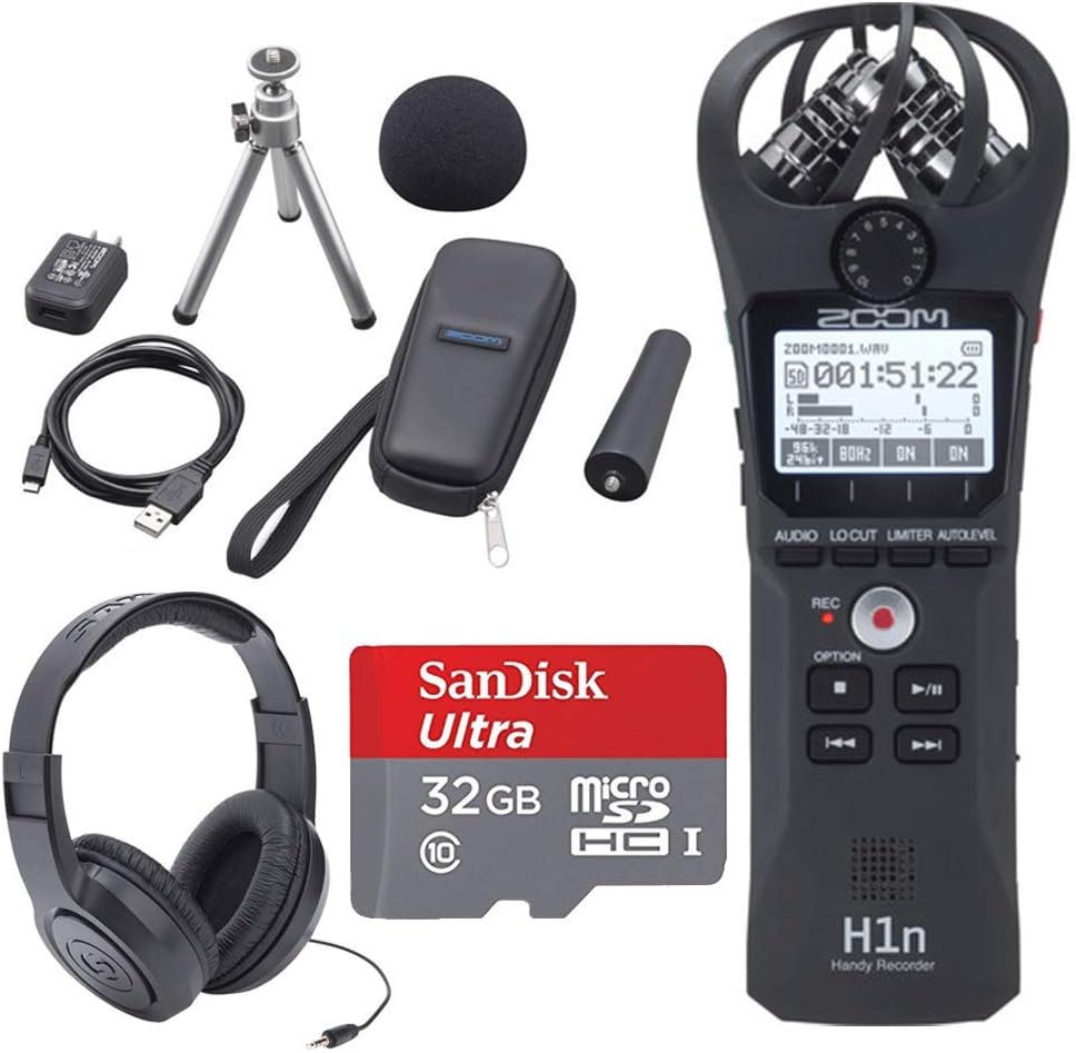 Zoom H1n 2-Input / 2-Track Portable Handy Recorder with Onboard X/Y Microphone + Zoom APH-1n Accessory Pack + 32GB microSDHC UHS-I Card with Adapter + Stereo Headphones - Complete Bundle (Black)