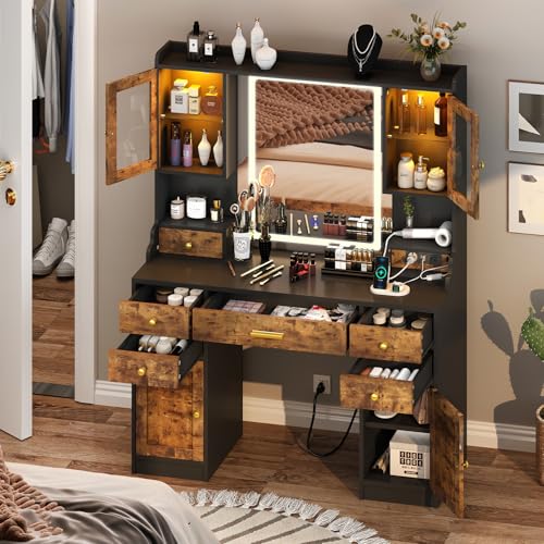 White Makeup Vanity Desk with Mirror and Lights, Large Vanity Table Set with Charging Station, Dressing Table with RGB Cabinets, Makeup Vanity Mirror with Lights Desk and Drawers, 3 LED Lights Modes