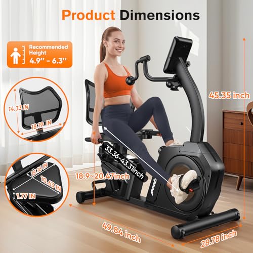 pooboo Recumbent Exercise Bike, Stationary Bikes for Home with Arm Exerciser, Magnetic Recumbent Bike with Ergonomic Backrest & Comfortable Seat, Smart APP, Pulse Sensor, 400LBS Weight Capacity