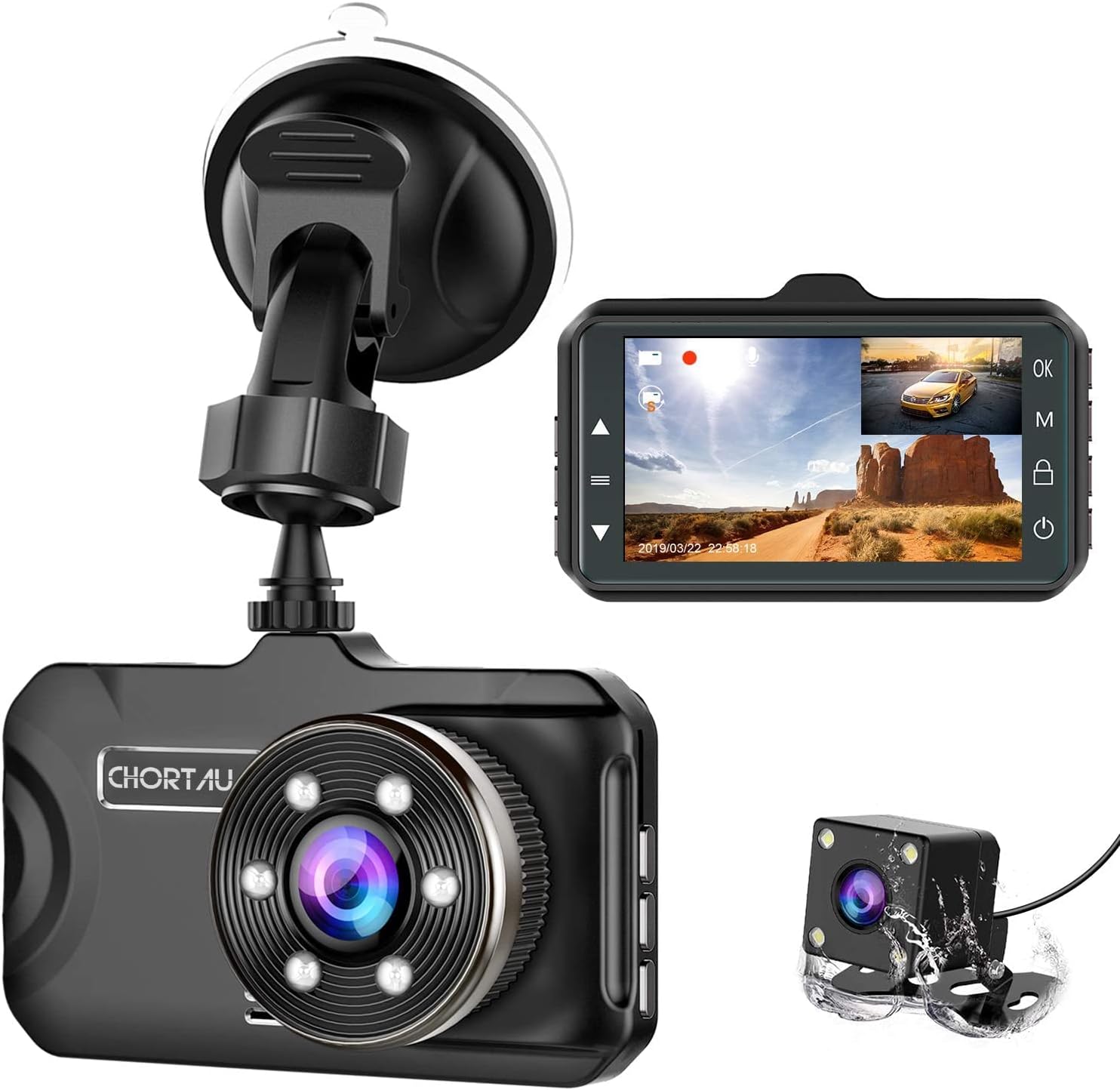 Dash Cam Front and Rear CHORTAU Dual Dash Cam 3 inch Dashboard Camera Full HD 170�� Wide Angle Backup Camera with Night Vision WDR G-Sensor Parking Monitor Loop Recording Motion Detection Pack of 2