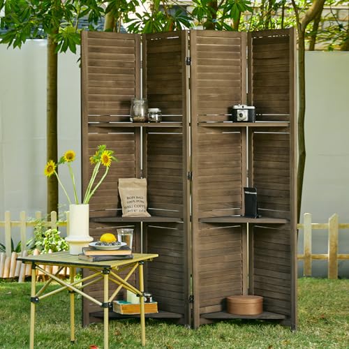 Room Divider with Shelves, 5.6 Ft Tall Folding Wood Screen with Double Hinges for Home Office Bedroom Hotel Decoration (6 Panels, Brown)