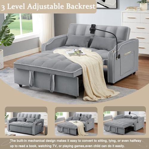 3-in-1 Convertible Sofa Bed - Modern Velvet Sleeper Sofa Chair Bed with Pull Out Bed, Adjustable Backrest, Chaise Lounge with USB Ports, Cup Holder, Side Pocket and Pillows (Black)