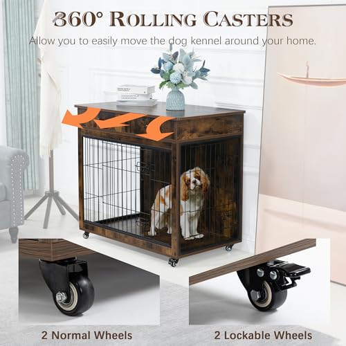 Wooden Furniture Style Dog Crate with 2 Drawers,Indoor Double Doors Doggy House End Table,W/Wire Mesh and Cross-Thickened Iron Bars,Chew-Proof,for Small Pet,Grey,31.7" L×23.2" W×33" H