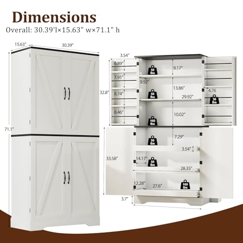 72" Kitchen Pantry Storage Cabinet, Farmhouse Pantry Cabinet with 8 Hanging Rack Shelves & 3 Pull-Out Racks, Pantry Storage Cabinet, Freestanding Cupboard for Kitchen, Dining Room, White