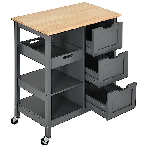 YITAHOME Small Solid Wood Top Kitchen Island Cart on Wheels with Storage, Rolling Portable Dining Room Serving Utility Carts Mobile Movable with 3 Drawers Cabinet, Oak & Gray