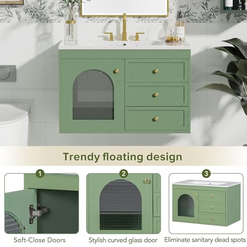 30inch Bathroom Vanity with Sink,Single Sink Bathroom Vanity with 2 Drawers and a Tip-Out Drawer,Easy Assmebly and Clean,for Bathrooms with Small Spaces(White)