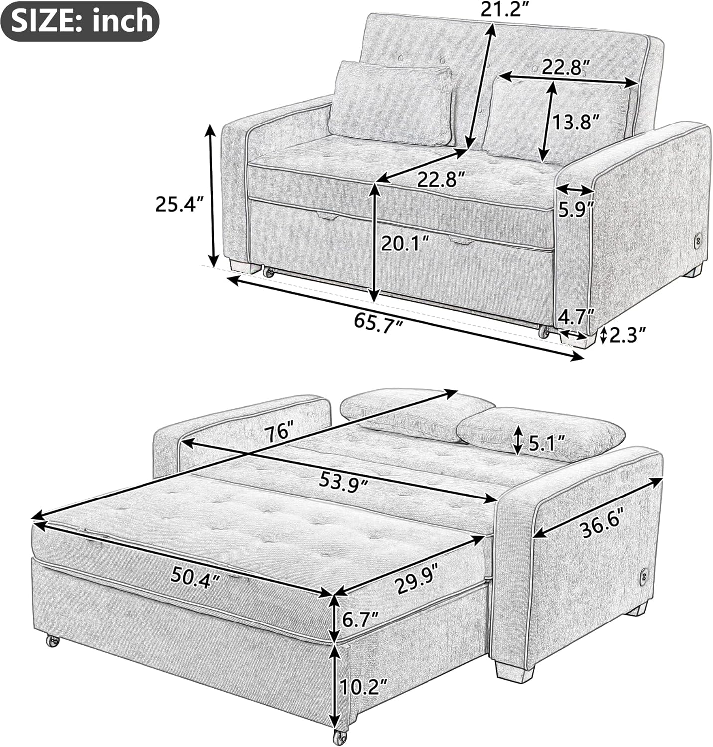 3 in 1 Multi-Functional Pull Out Sofa Bed , Linen Upholstered Convertible Sleeper Loveseat Couch Guest Daybed with Adjustable Backrest and Dual USB Charging Port for Living Room Office RV Furniture