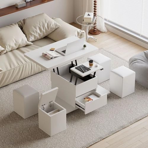 homary White Lift Top Coffee Table with Hidden Storage, 3 in 1 Multi-Function Modern Folding Center Table with 4 Stools and Casters