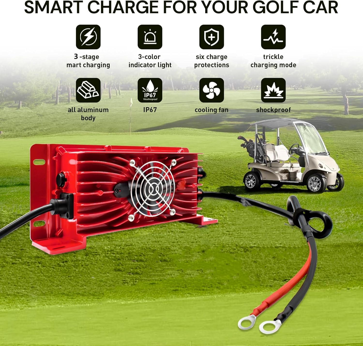 Upgraded 1200W Golf Cart 48V Lithium Battery Charger, 15 Amp 48 Volt Lithium lifepo4 Golf cart Battery Charger for 16 Strings 58.4 Volt (51.2 V) LiFePo4 Battery, with On-Board O-Type Terminal-M8