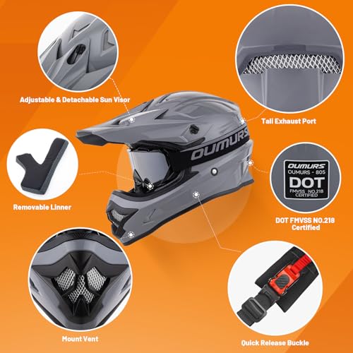 Adult ATV Dirt Bike Helmet with Goggles Gloves & Mask Adjustable Sun Visor Motorcycle Adult Helmet Off-Road Motocross Downhill Moped MX for Unisex-Adult-Gray