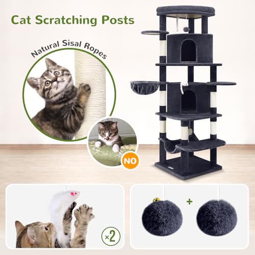 Globlazer Corner Cat Tree for Large Cats, 66inch Tall Curved Series Large Cat Tower for Multiple Indoor Cats with 6 Scratching Posts, 2 Spacious Cat Condos, Hammock, Hanging Basket, C66, Beige