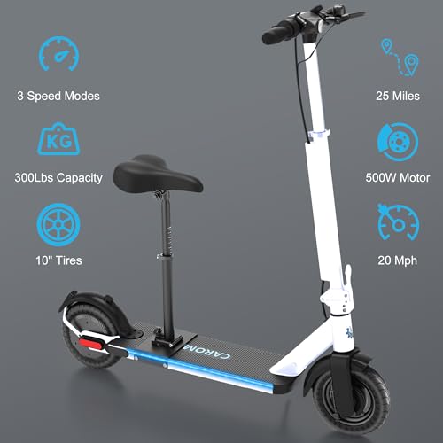 Caroma Electric Scooter, 20-25 Miles Range & 20 MPH Speed, 500W Cruise Control Electric Scooter Adults, 9/10" Solid Tires, Fast Folding E Scooter Bike for Commute, Shock Absorption & Braking System