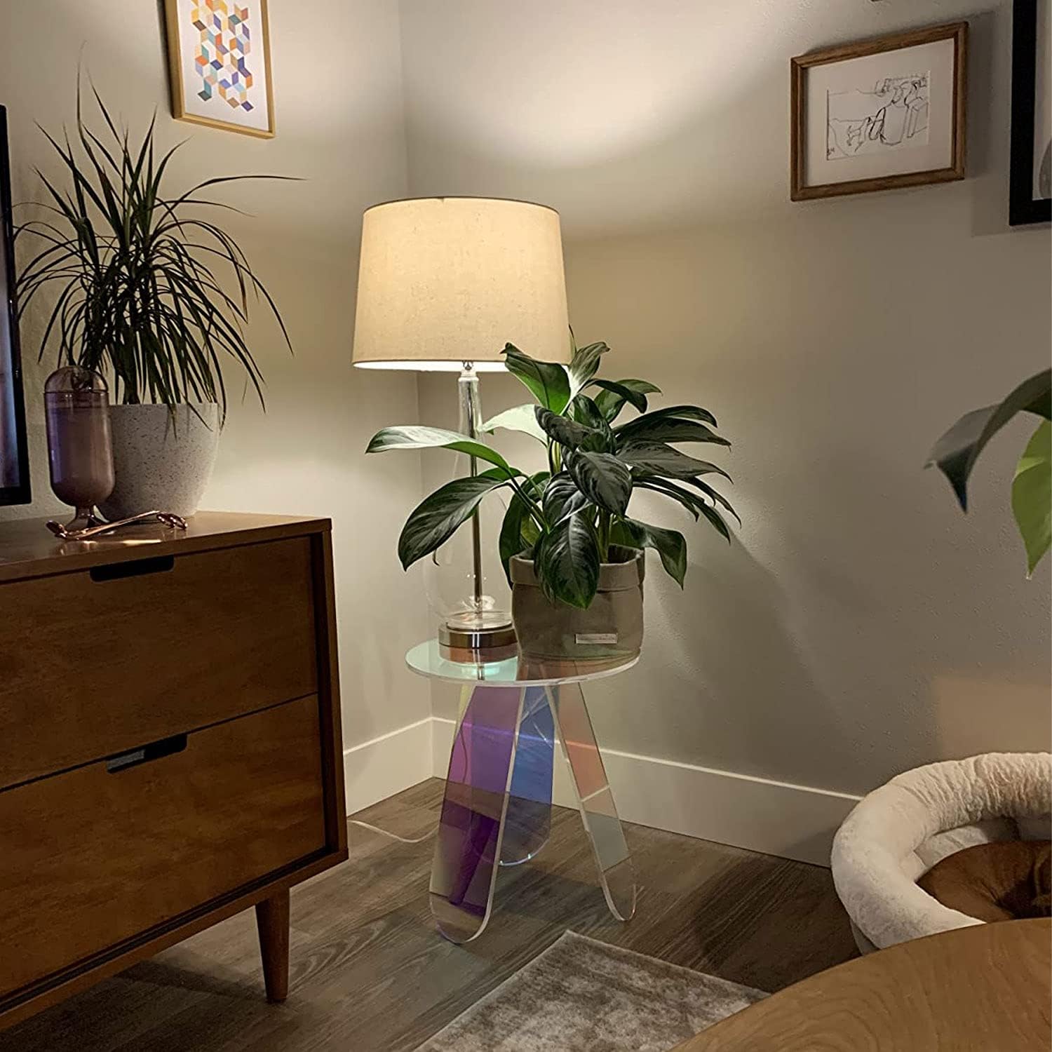 Acrylic Side Table Colorful Glass Round End Table, Beautiful Small Narrow Bedside Couch Sofa Side Tables for Drink Snack Magazine Living Room Bedroom, Clear Suncatcher Night Stands, 18 inch