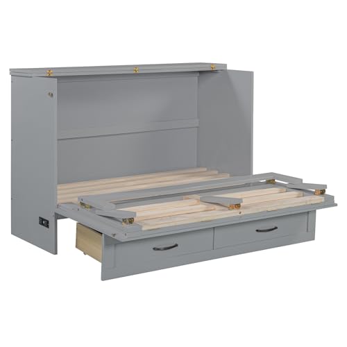 Full Size Murphy Bed Cabinet, Solid Wood Murphy Bed with Charging Station and Large Storage Drawer, Wall Mounted Foldable Platform Bed, Space Saving for Guest Room, Office, Gray