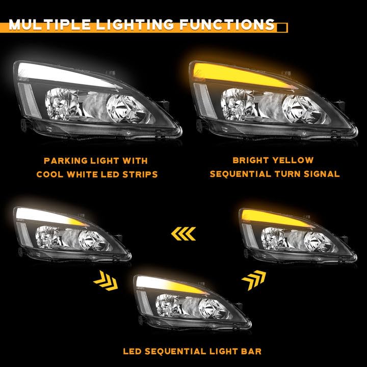 LED Headlight Assembly for 03 04 05 06 07 Honda Accord, for 2003-2007 Accord OE Headlamp with Sequential Turn Signal, Black Housing Clear ReflectorLeft+Right