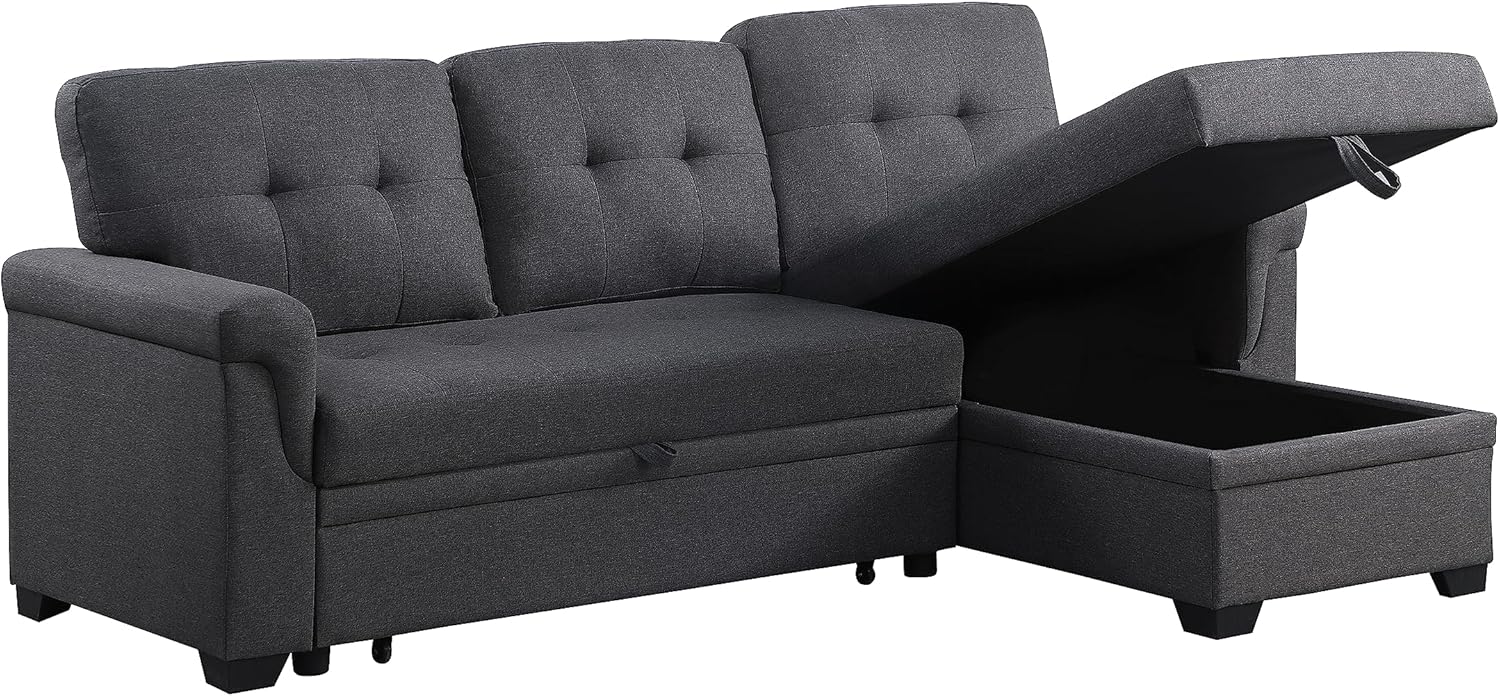 84'' Living Room L-Shape Convertible Sleeper Sectional Sofa with Storage Chaise and Pull-Out Bed, Linen Upholstered Reversible Corner 3 Person Couch, for Apartment, Dark Gray, 84 Inch