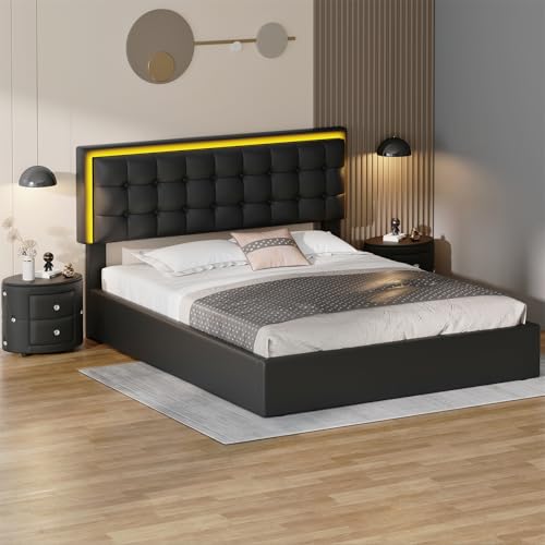 3Pcs Bedroom Set, Queen Size Upholstered Bed with LED Headboard, Hydraulic Storage Under Bed, 2 PU Nightstand with Drawers and Crystal Decoration, White