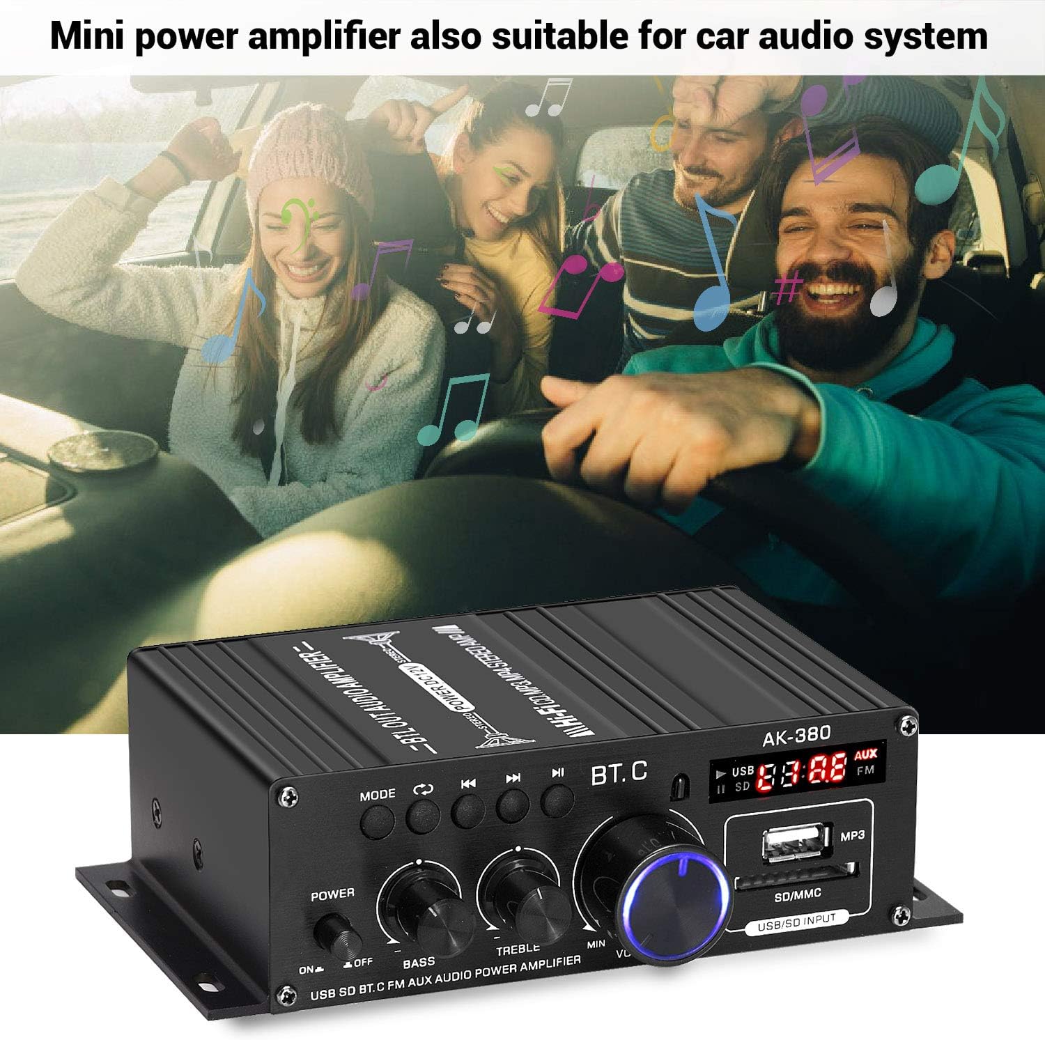 Facmogu AK380 400W+400W Mini Audio Power Amplifier, 2.0 CH Bluetooth 5.0 Receiver Speaker Amp with 12V 5A Power Supply, Bass & Treble Control Music Player Sound Amplifier for Car Home Garage Pack of 2