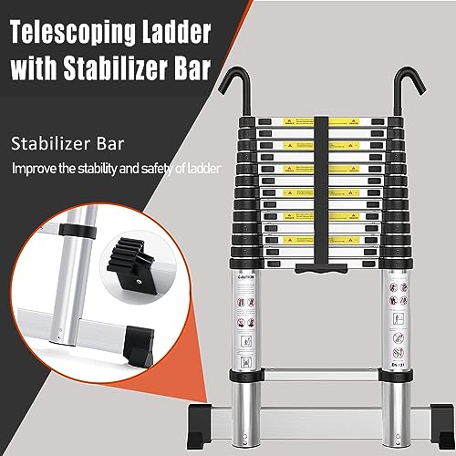 Telescoping Ladder with Hooks 12.5 FT - Aluminum Telescopic Ladder with Stabilizer - Retractable Extension Ladders for Home Loft Roof RV Work with EN131 Certification - 330lbs Max Capacity