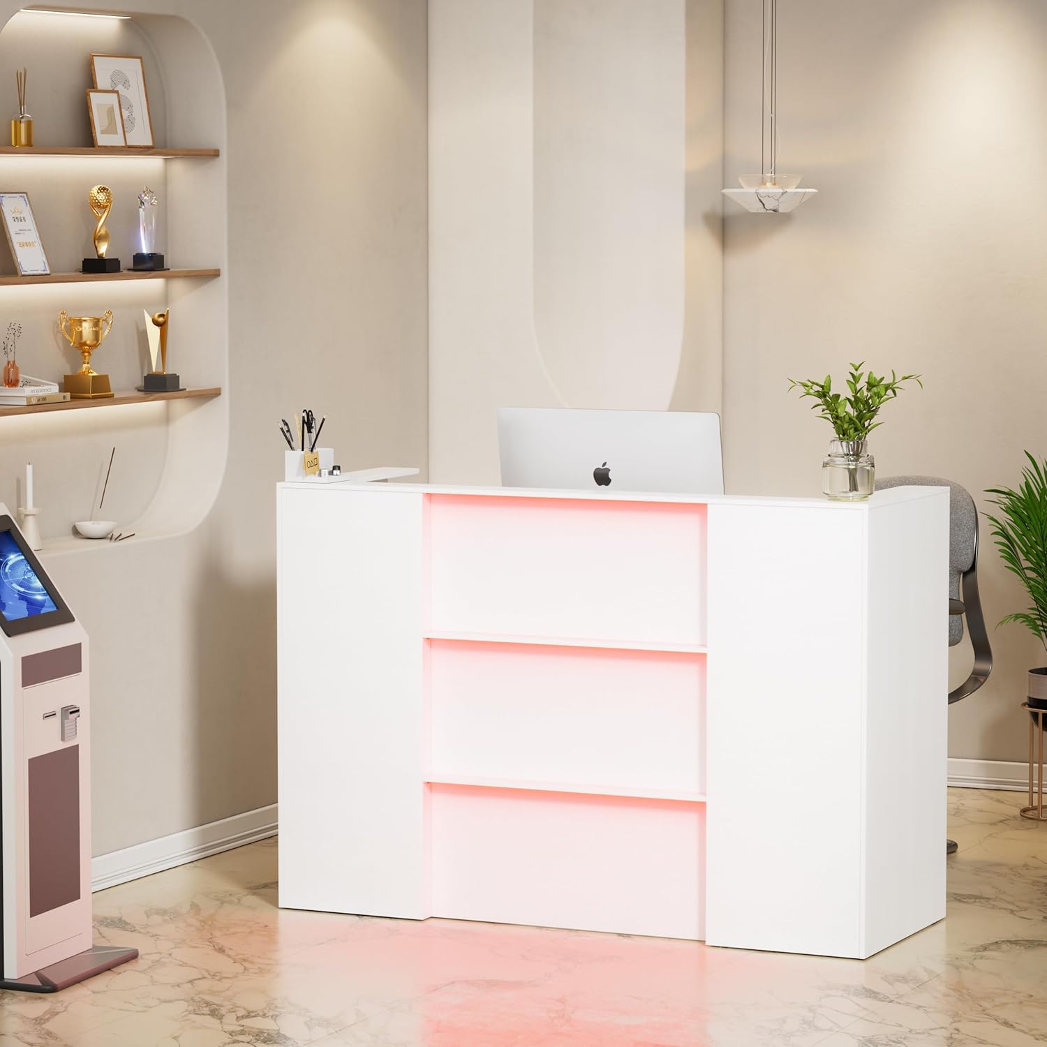 PAKASEPT 63 Inches Reception Desk, Front Desk with RGB LED Lights, Modern Reception Desk with Counter & Lockable Drawer & Open Shelves, Large Counter Table for Office Hotels, Flower Clothing Shops