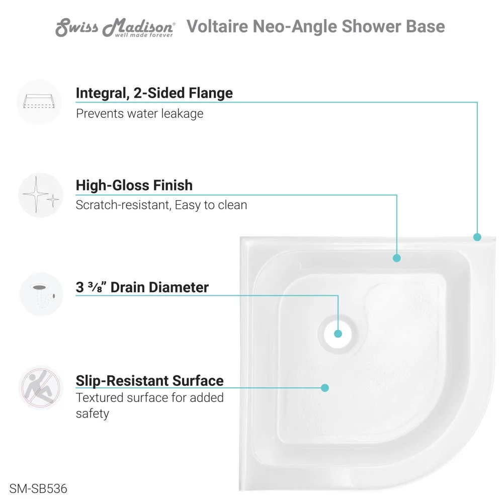 Swiss Madison Voltaire 32 x 32 Acrylic White, Single-Threshold, Center Drain, Neo-angle Shower Base