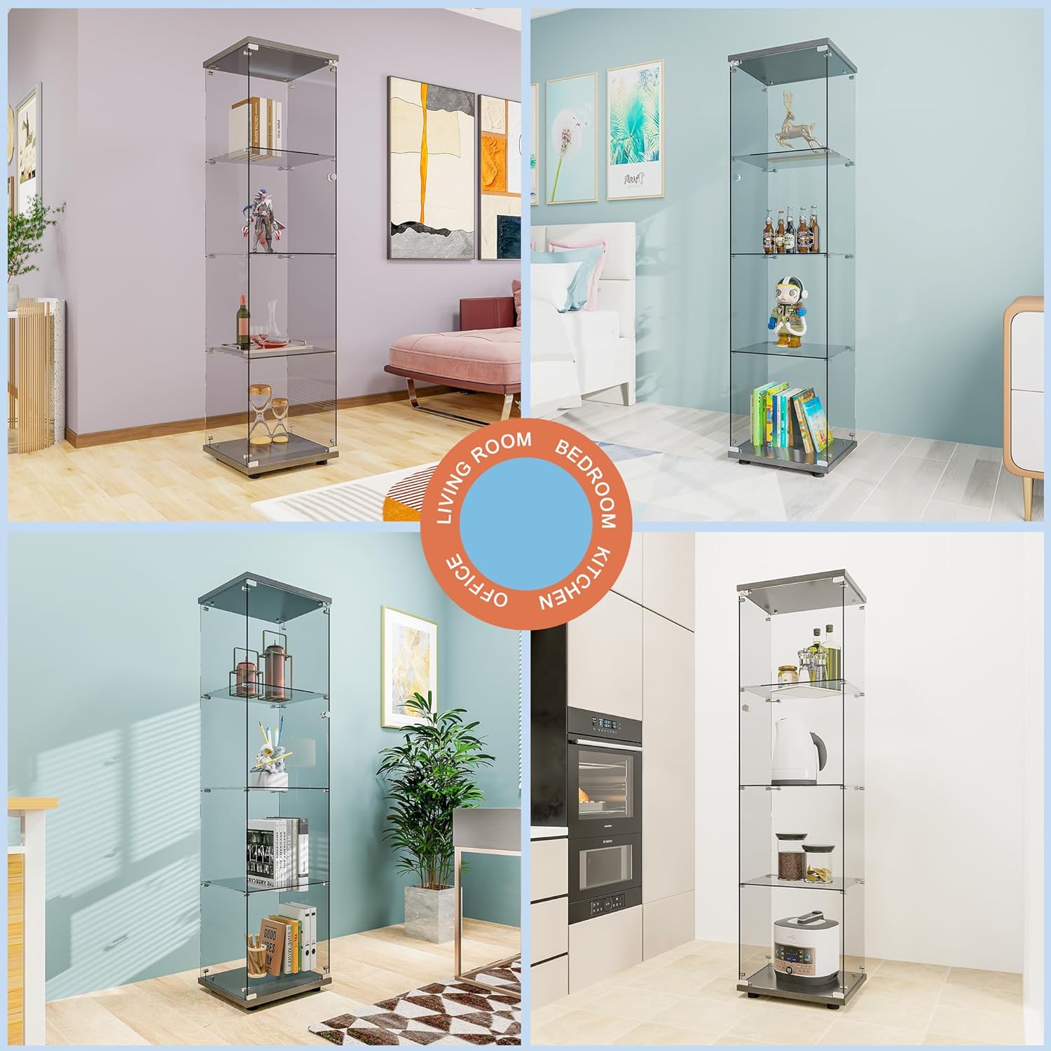 FANYUSHOW Glass Display Cabinet 4 Shelves with Door and Lock, Curio Cabinet for Living Room, 5mm Tempered Glass Display Shelf, Black Glass Display Case 64.7" H x 16.7" L x 14" W