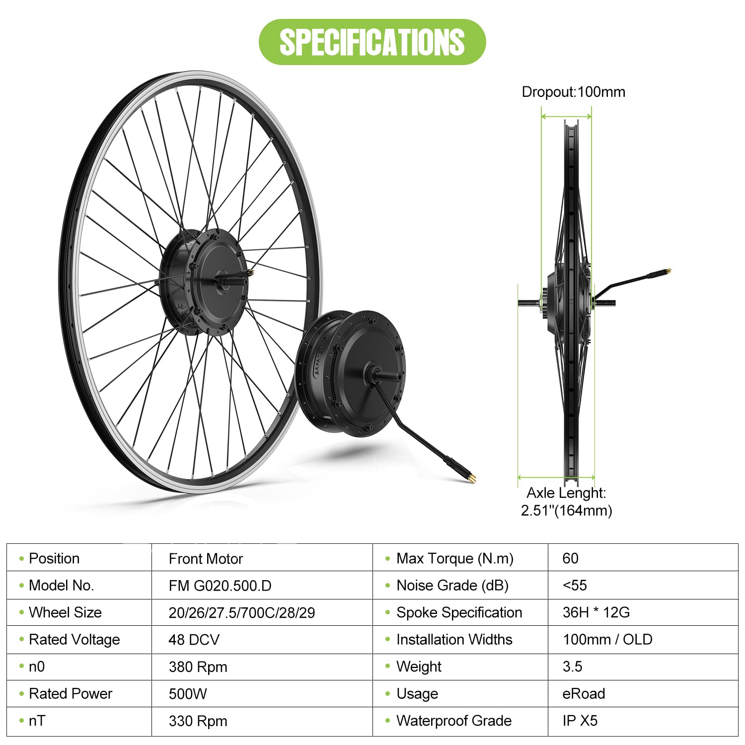 BAFANG 48V 500W Front Hub Motor Electric Bike Conversion Kit for 26 inch /700C Wheel Drive Engine with Optional LCD Display & Battery and Charger