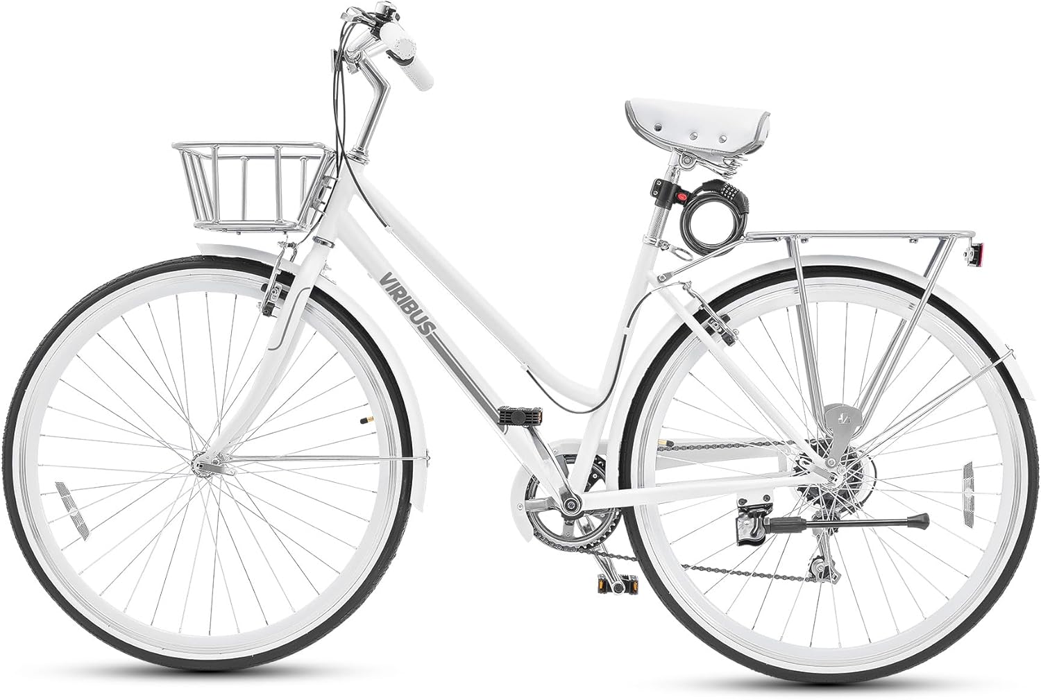 Viribus Hybrid Bike, 700C Road Bike for Women, Lightweight 7 Speed Womens Bike with Basket & Rack, Step Through Hybrid Bicycle, 28 inch Adult Bike for Commuting, Bikes for Women Ladies