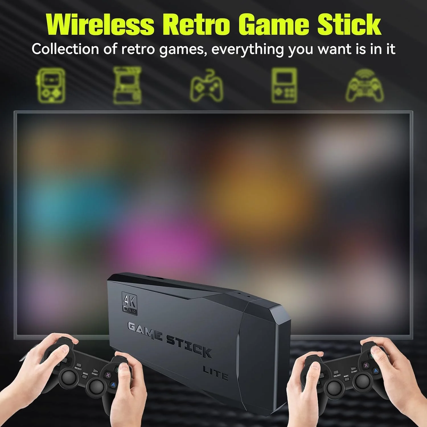 Retro Game Stick, Nostalgia Stick with Built-in 25000+ Games, 12 Emulators, 4K HD Output, 64G Wireless Retro Game Console, Plug and Play Video Game for TV, Dual 2.4G Wireless Controllers