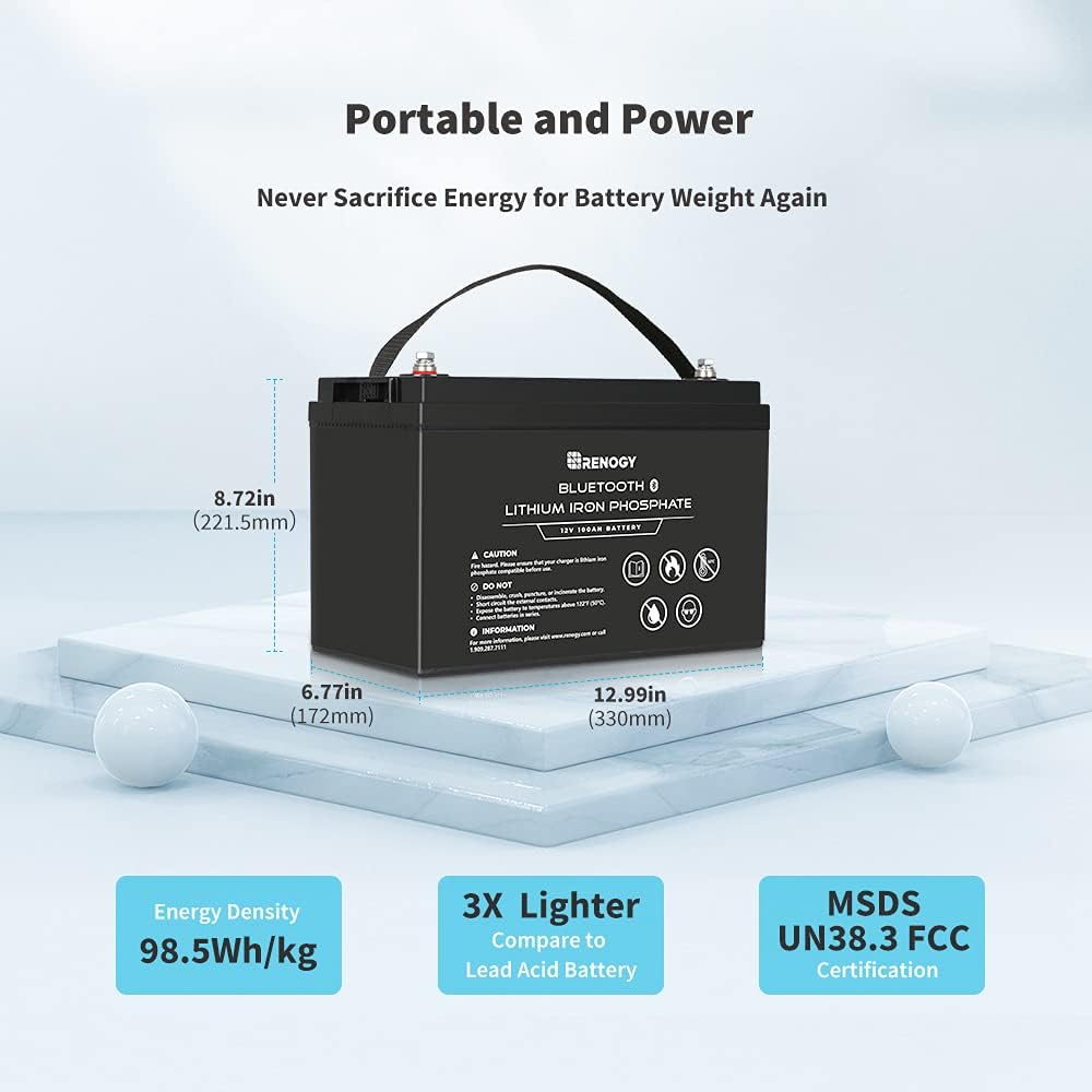 Renogy 12V 100Ah LiFePO4 Deep Cycle Lithium Battery with Bluetooth, 2000 Life Cycles, Built-in BMS, Backup Power Perfect for RV, Camper, Van, Marine, Off-Grid Home Energy Storage