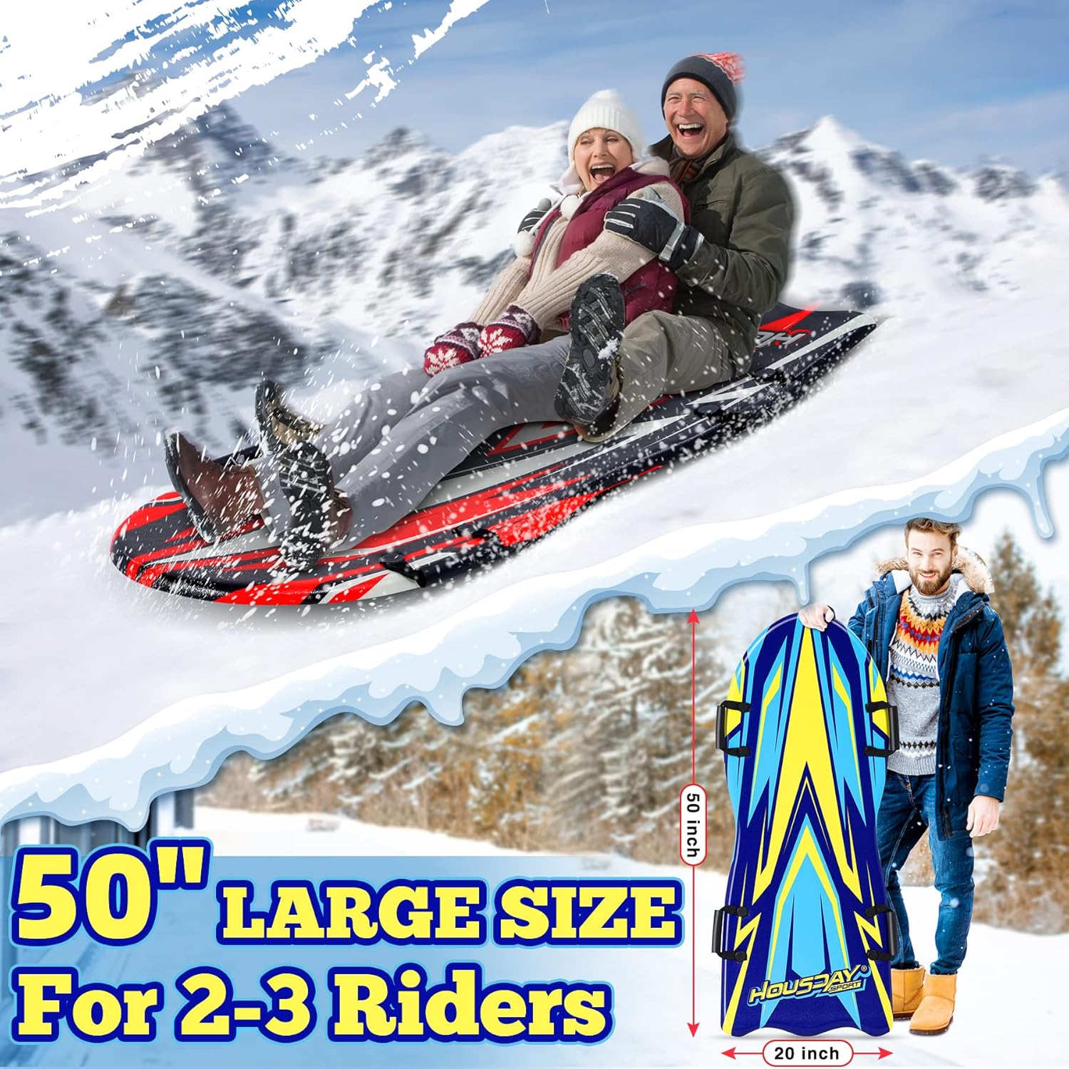 50" Snow Sled, 2 Pack Large Snow Sleds for Kids and Adult, Durable Foam Sled with Slick Bottom Jet Sled Fast Toboggan Sled Molded 4 Handles Snow Toys Saucer Sled for 2-3 Riders Winter Sledding
