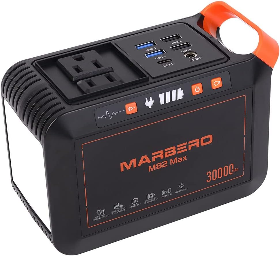 MARBERO 111Wh Portable Power Station 30000mAh Solar Generator(Solar Panel Not Included) Lithium Battery Supply 110V/80W AC, DC, USB QC3.0, USB C, LED Flashlight for CPAP House Office Camping Emergency